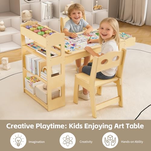 Kids Wooden Art Table and 2 Chairs Set with Paper Roll and Storage