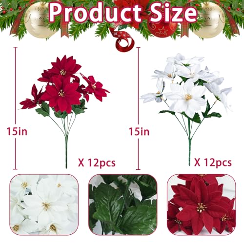 Unlemoni 24 Pcs Artificial Christmas Poinsettias - Red & White Holiday Floral Decor