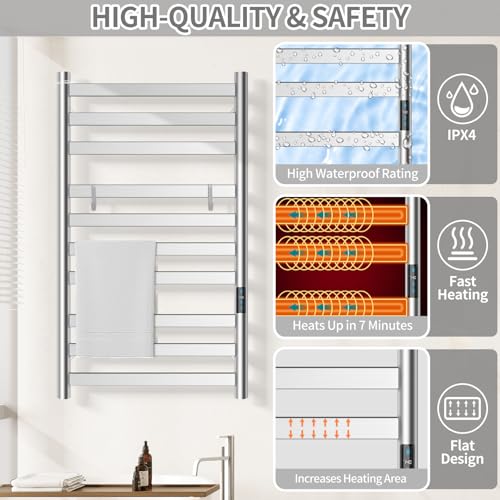 10-Bar Heated Towel Rack, Stainless Steel Wall Mounted Towel Warmer