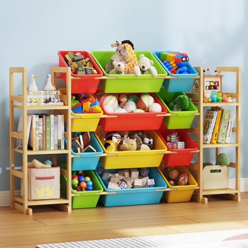 Large Solid Wood Toy Storage Organizer with 12 Bins and Bookshelf