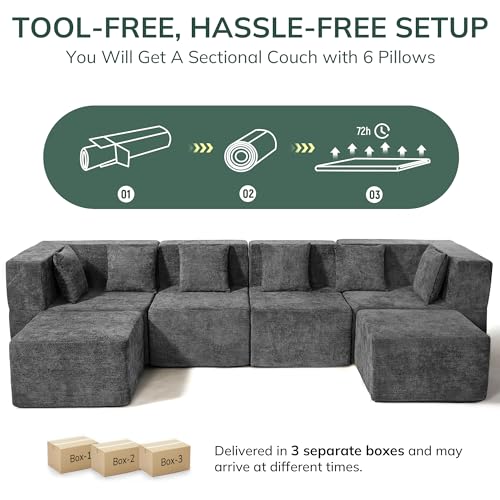 130-Inch Modular Sectional Sofa, 6-Seater Chenille Cloud Couch with Ottoman