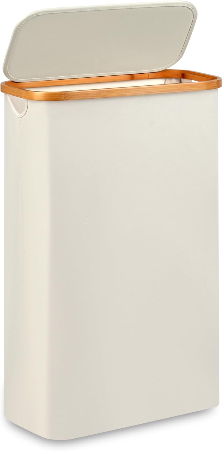 Skiennix Slim Laundry Hamper - 60L Narrow Design with Lid & Bamboo Handle - Beige for Clothes & Toys
