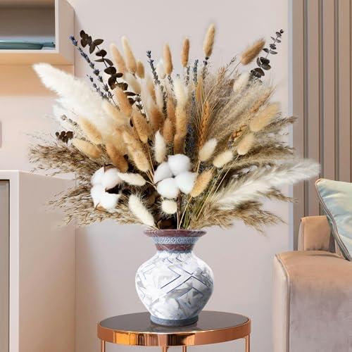 Natural Dried Flower Bouquet with Pampas Grass & Eucalyptus for Boho Home Decor