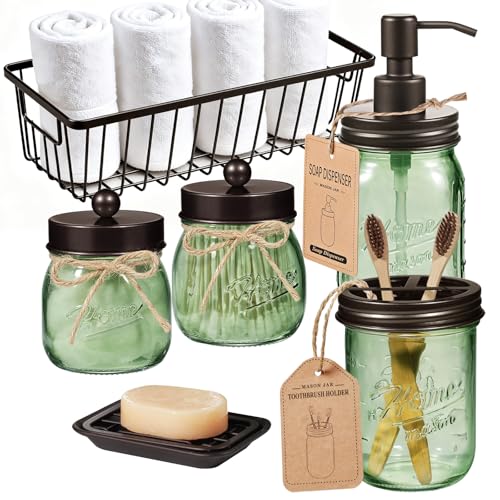6-Piece Green Glass Mason Jar Bathroom Accessory Set - Rustic Farmhouse Decor