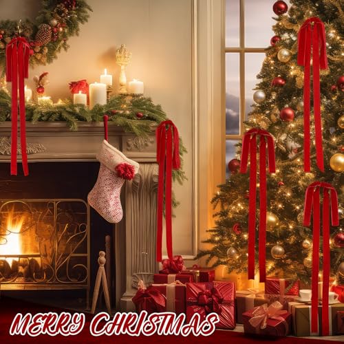 Large Red Velvet Christmas Bows - 6 Pack Vintage Holiday Tree Decor