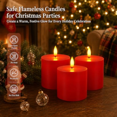 Homemory 3x3 Red Flameless Candles with Remote Timer, Battery Operated 3PC