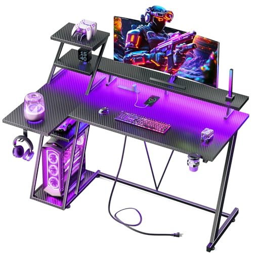 40-Inch L-Shaped Gaming Desk with LED Lights, Power Outlets & Storage