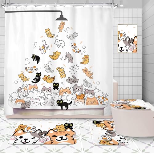 Cute Kids Cartoon Cat Bathroom Shower Curtain Set with Non-Slip Rugs (4-Piece)