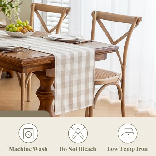 Alsoo Beige Gingham Table Runner 13 x 90 in - Cotton Linen Farmhouse Decor, Wrinkle Free