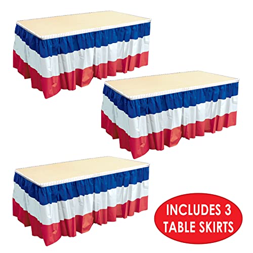 Beistle 3-Pack Plastic Patriotic Table Skirts, Red, White, & Blue, Fourth of July & Memorial Day Party Supplies, France Themed Party Decor, 29" x 14'