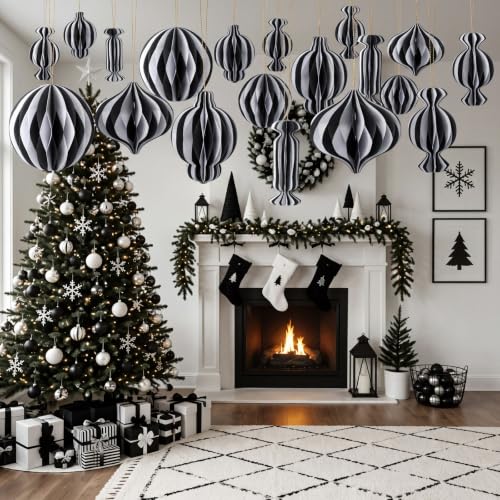Kasyat 24 Black & White Honeycomb Christmas Ornaments, 110 GSM Paper Decoration Set
