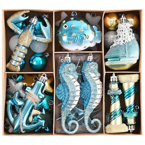50-Piece Shatterproof Teal Nautical Coastal Tree Ornaments Set for Beach Decor