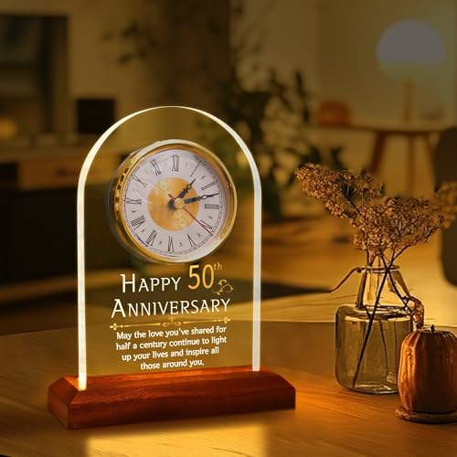 50th Wedding Anniversary Desk Clock with LED Light and Wooden Base