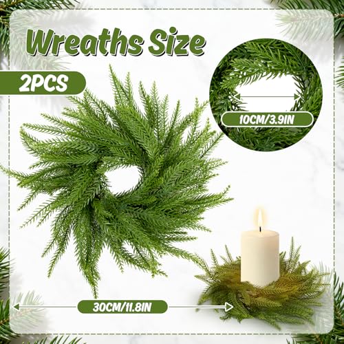 Norfolk Pine Candle Rings - 11.8 Inch Artificial Christmas Wreaths, 2 Pack