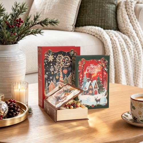 AELS 3-Piece Christmas Decorative Book Boxes with Hidden Storage – 8.3in, 7.1in, 5.9in