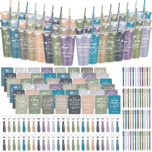 Light Morandi Christian Christmas Gift Set with Bible Verse Cups, Notebooks, Pens & Keychains - 48 Pack / Holiday Religious Gifts