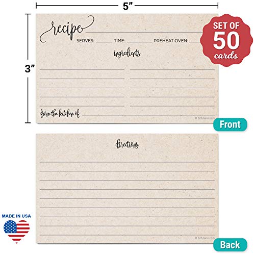 321Done Blank Recipe Cards 3x5 in Tan – 50pk, X-Small (3"x5"), Modern Script