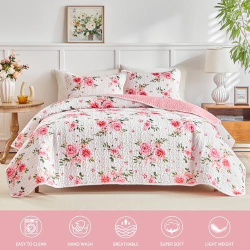 UOZZI BEDDING Queen Size Floral Quilt Set - 3-Piece Microfiber Bedspread