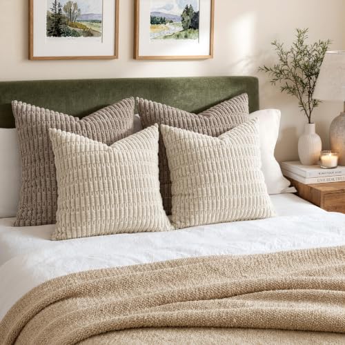 MIULEE Corduroy Throw Pillow Covers 18x18 Cream White Boho Striped 2 Pack