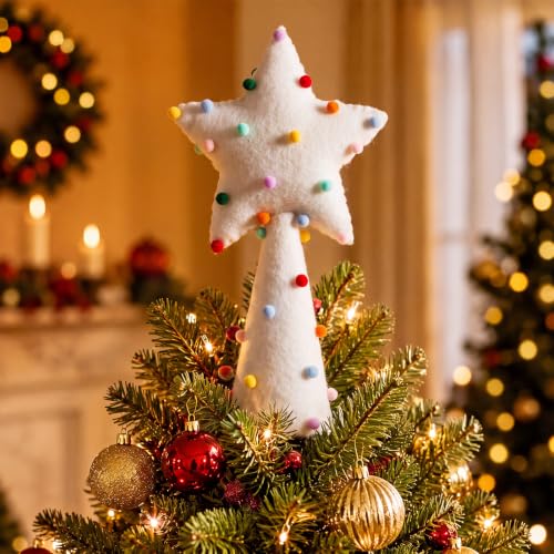 10-Inch Felt Christmas Star Tree Topper with Rainbow Pom Poms - White Holiday Decor