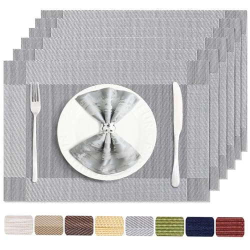 Silver Grey Woven Vinyl Placemats - Heat Resistant Table Mats, Set of 6