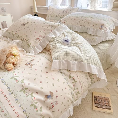Twin Cotton Duvet Cover Set - Ruffle Strawberry Rabbit Print Bedding