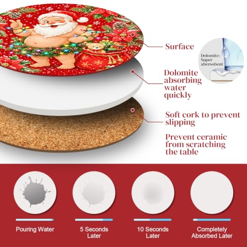 Dageusi Red Santa Coasters Set of 6 - Absorbent Ceramic? Actually Diatomite Stone Coasters with Holder – Naughty Santa Laugh Gift 4"