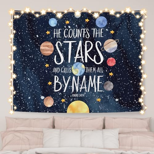 Space Solar System Christian Tapestry Wall Hanging, Flannel Decor, 50x60 Inch