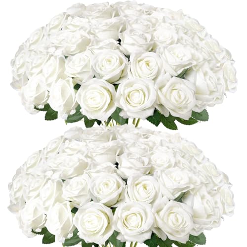 50 Pcs White Artificial Roses Bouquet - Velvet Fake Flowers for DIY Decor