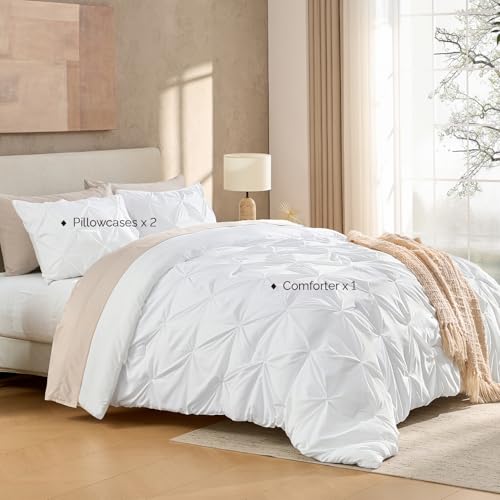 Queen White Pinch Pleat Comforter Set - 3 Piece All-Season Bedding Set