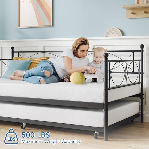 Metal Twin Daybed Frame with Wheeled Pull-Out Trundle & Steel Slats