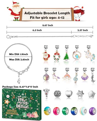 Girls 24-Day Advent Calendar Jewelry Kit Unicorn Mermaid Charm Bracelet Set 2026 (Variation: Christmas+Unicorn) Kids Teens Women
