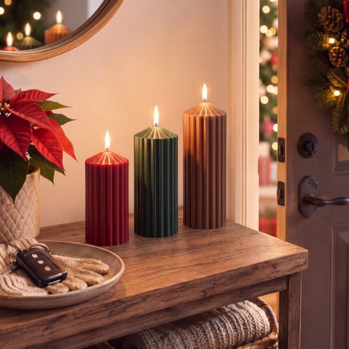 Mtlee 3-Pack Christmas Ribbed Pillar Candles - Burgundy, Forest Green, Brown (Christmas Vintage)