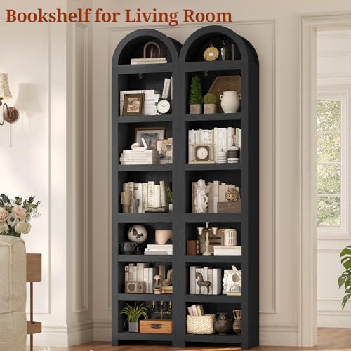 UPOSOJA Black Narrow 76-Inch Arched Bookcase with Adjustable Shelves - Modern Storage