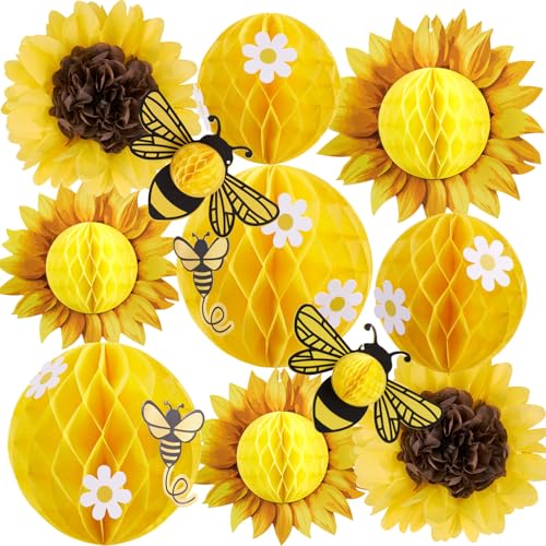 Sunflower and Bee Honeycomb Hanging Decorations, 3D Tissue Paper Party Decor