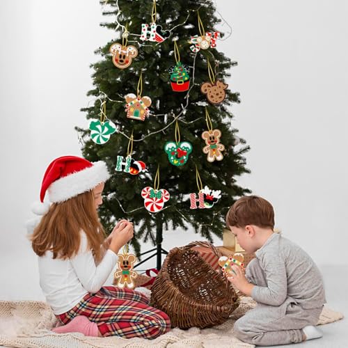 Limyaxy Green Christmas Wooden Ornaments with Golden Threads - 12Pcs Holiday Tree Decorations
