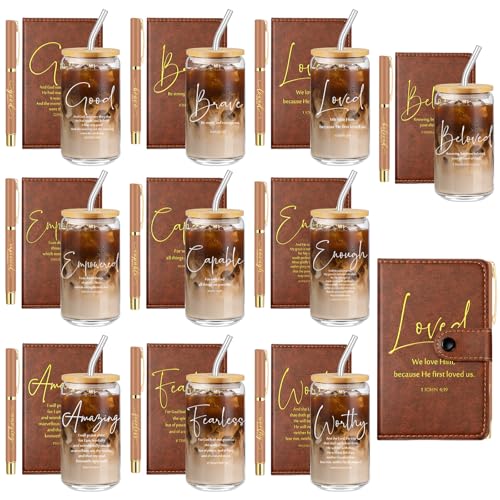 Brown Bible Words Christian Glass Cups with Lids & Straws, Prayer Journals & Pens Set - 30 Pcs
