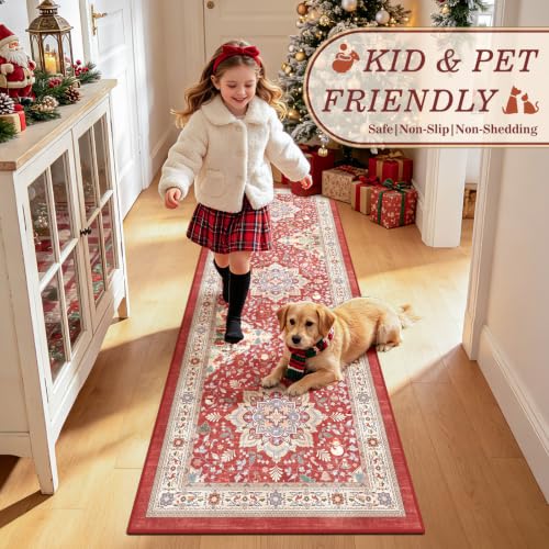 nesrt Boho Christmas Runner Rug 2x6Ft Red Holiday Non-Slip Washable Hallway