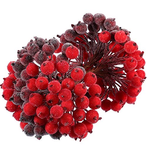 Artificial Holly Berries Stems 400 Pcs - Red & Dark Red Frosted Xmas Decor