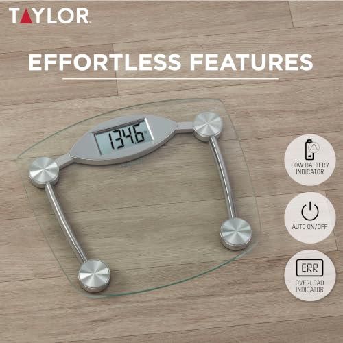 Taylor Stainless Steel & Clear Glass Digital Bathroom Scale 12.4x12.4 inches, Supports 400 lb