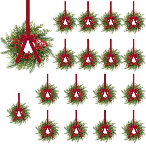Green & Red 18 Pack 15-Inch Mini Christmas Wreaths for Cabinets with Bows