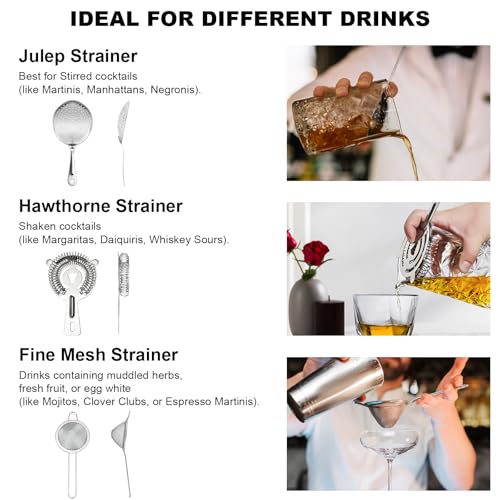 Almagic 3-in-1 Cocktail Strainer Set with Julep, Hawthorne & Fine Mesh - Premium Stainless Steel