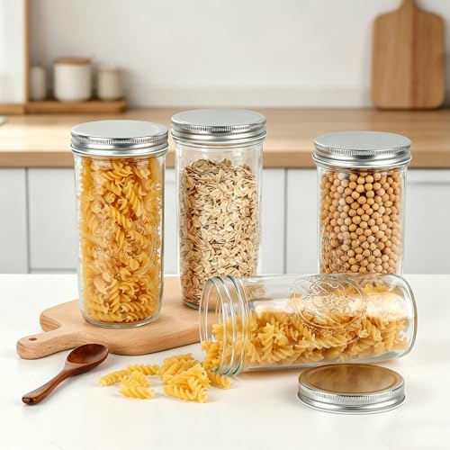 24 oz Glass Mason Jar Tumblers with Lids and Straws - 4 Pack Embossed Mugs