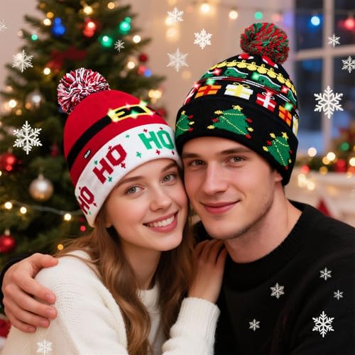 2Pack LED Light Up Christmas Beanie Hats Knitted Holiday Caps - Green & Red