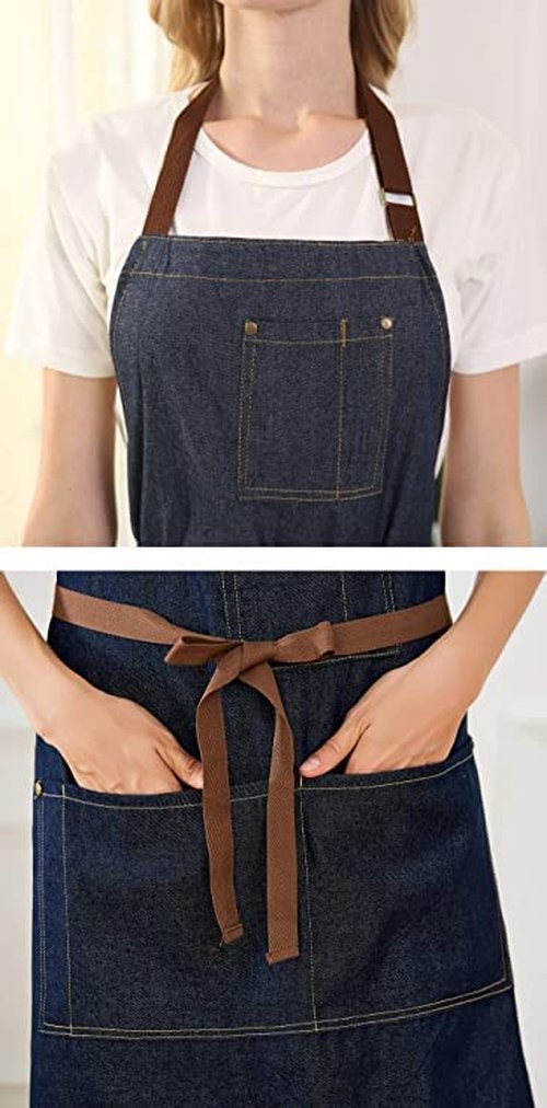 YukaBa Blue Adjustable Denim Jean Kitchen apron with 5 Pockets for Women Men Optimized upgrade(Denim) (Set of 4)