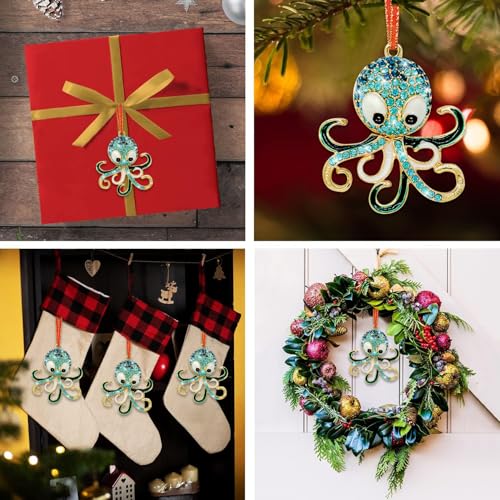 Blue Octopus Christmas Ornament - Metal Rhinestone Hanging Decor
