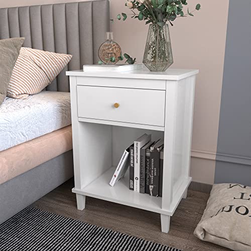 Modern Kids Nightstand with Drawer, White MDF Bedside Table for Bedroom