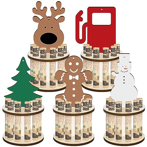 Assorted 5 Pcs Christmas Wooden Money Holders with 10 Holes - Holiday Gift Decor
