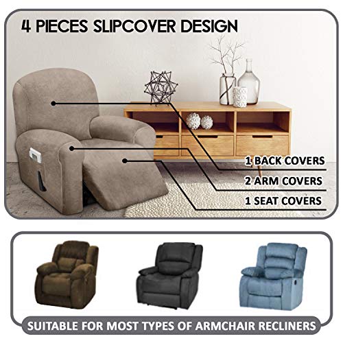 Velvet 4-Piece Recliner Cover for Single Seat Recliners - Taupe