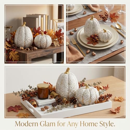 White and Gold Resin Pumpkin Decor Set of 2 for Fall Thanksgiving Table